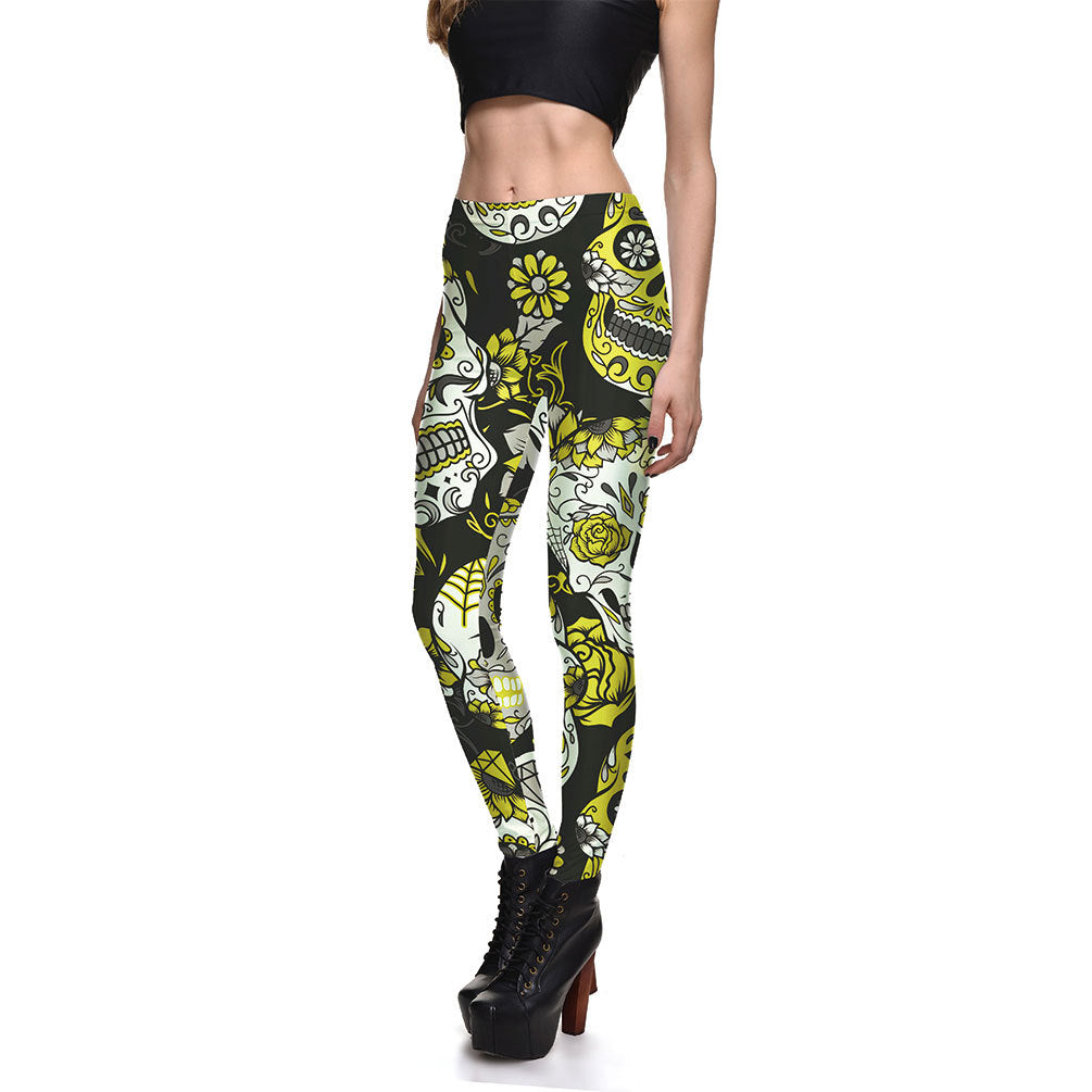 Fashionable Ladies Multicolor Skull Digital Printing Bottoming Cropped Trousers