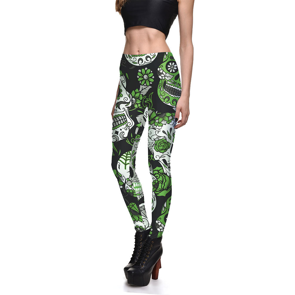 Fashionable Ladies Multicolor Skull Digital Printing Bottoming Cropped Trousers