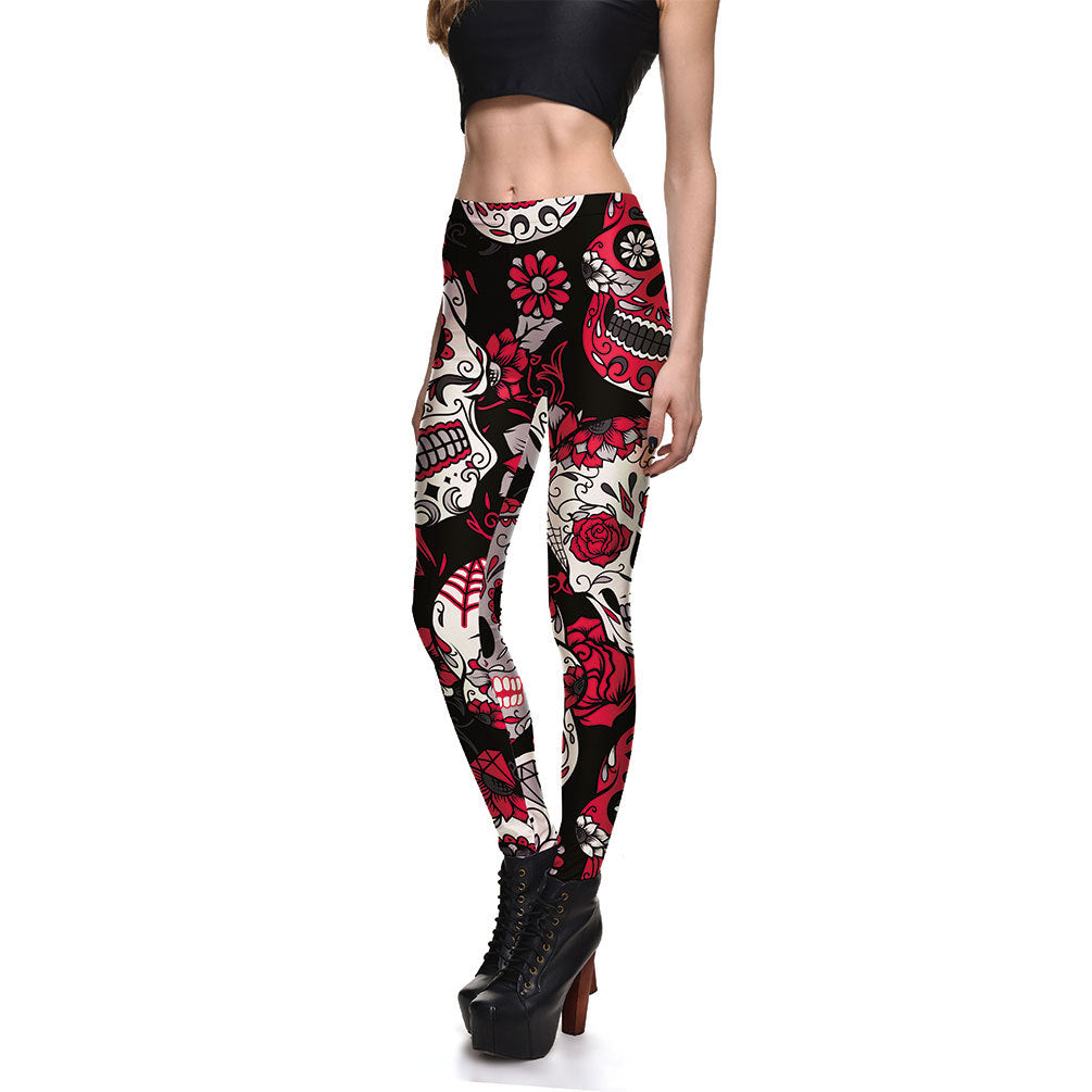 Fashionable Ladies Multicolor Skull Digital Printing Bottoming Cropped Trousers