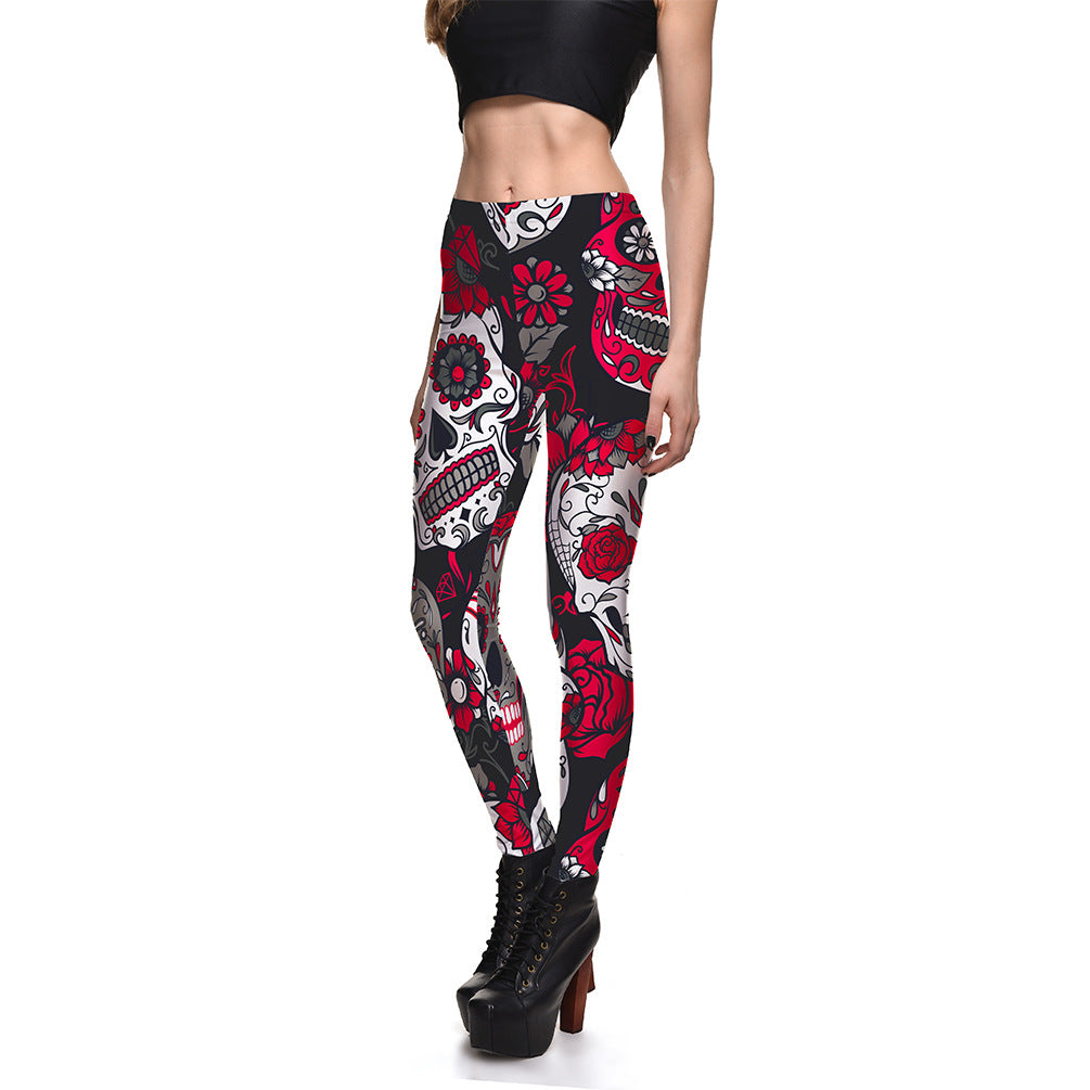 Fashionable Ladies Multicolor Skull Digital Printing Bottoming Cropped Trousers
