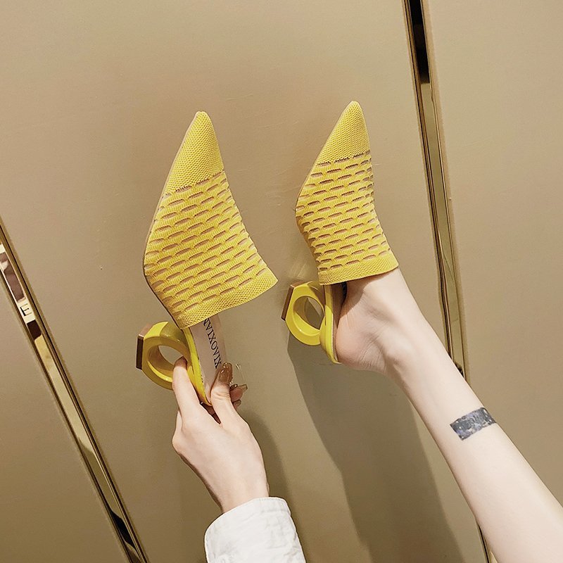 Thick-heel Mesh High-heel Sandals and Slippers With Pointed Toe