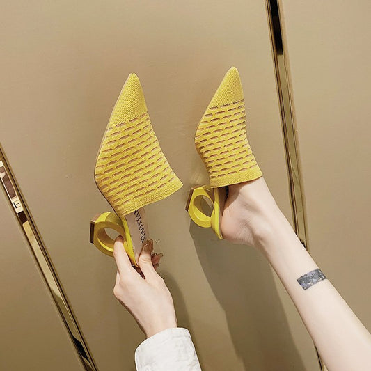 Thick-heel Mesh High-heel Sandals and Slippers With Pointed Toe