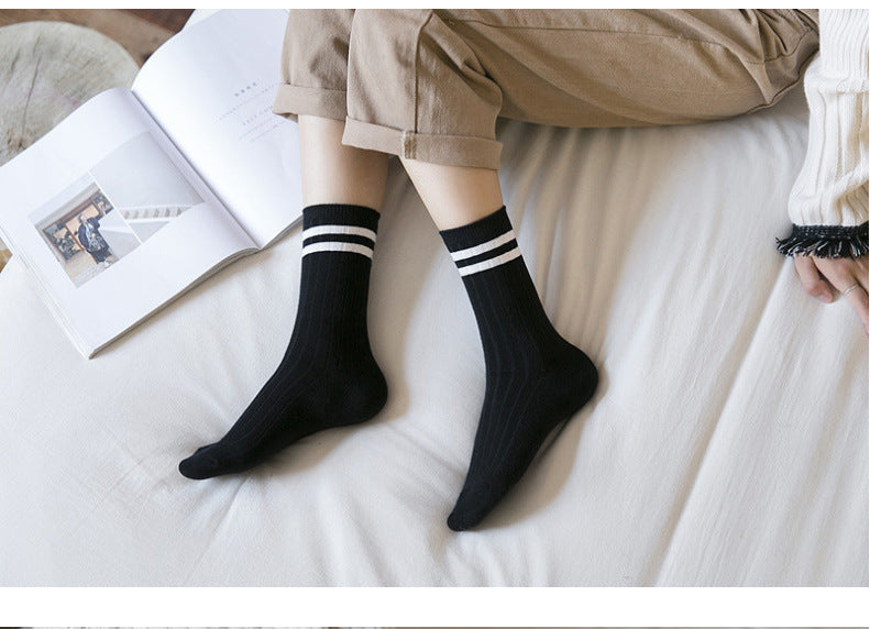 Ladies Middle School Style Two Bars Piled Socks