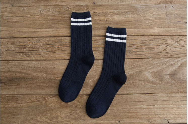 Ladies Middle School Style Two Bars Piled Socks