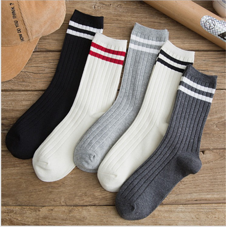 Ladies Middle School Style Two Bars Piled Socks
