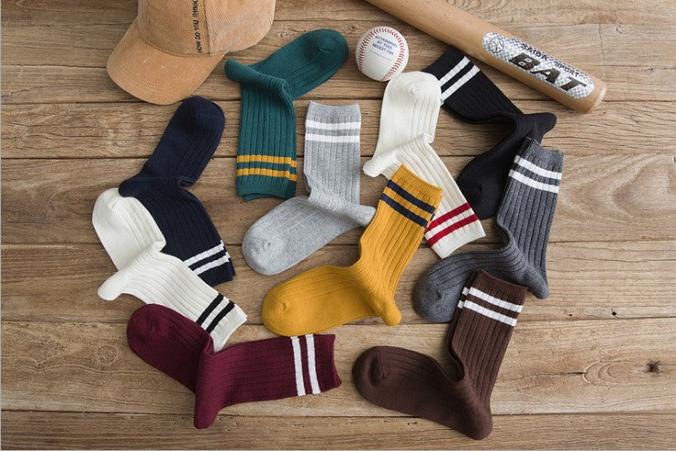 Ladies Middle School Style Two Bars Piled Socks