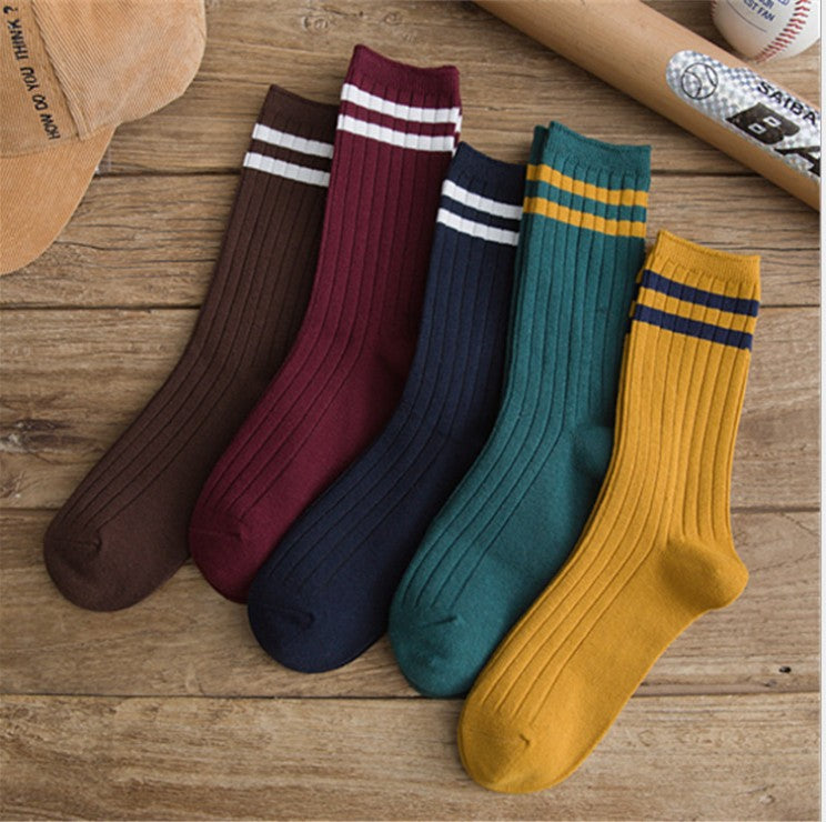 Ladies Middle School Style Two Bars Piled Socks