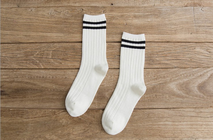 Ladies Middle School Style Two Bars Piled Socks