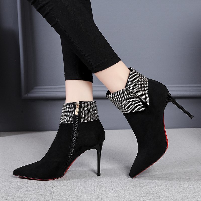 Short tube Pointed High Heels With Rhinestone Stiletto