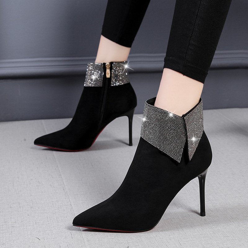 Short tube Pointed High Heels With Rhinestone Stiletto