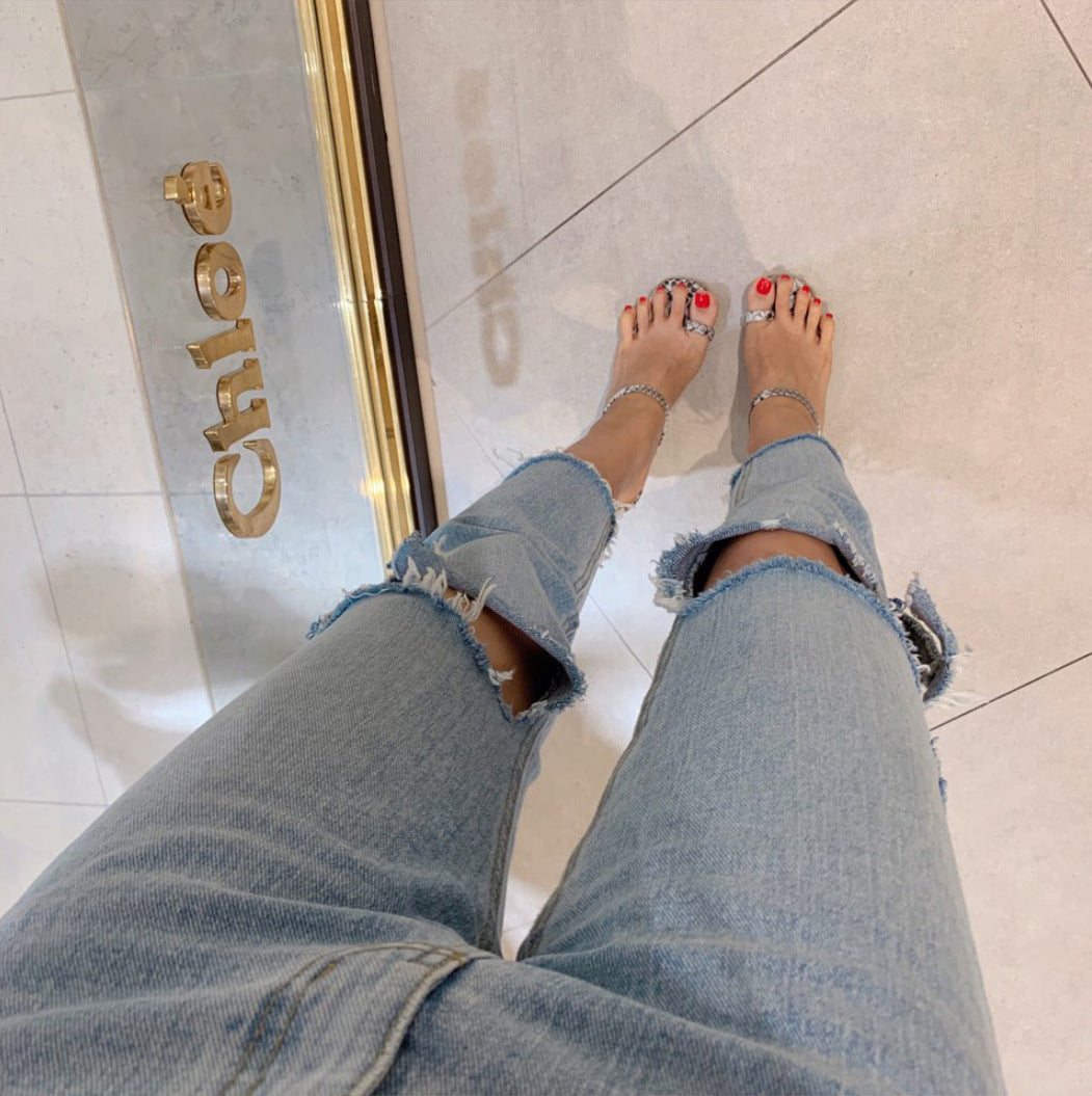 High Waist Washed Blue Irregular Ripped Raw Edge Brushed Jeans