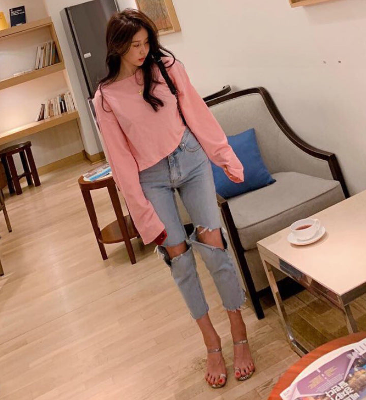 High Waist Washed Blue Irregular Ripped Raw Edge Brushed Jeans