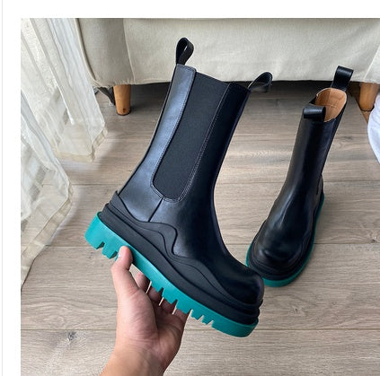 Mid-tube Chelsea Boots Women's Sleeve Stretch British Motorcycle Boots Thick-soled