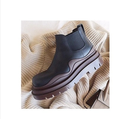 Mid-tube Chelsea Boots Women's Sleeve Stretch British Motorcycle Boots Thick-soled