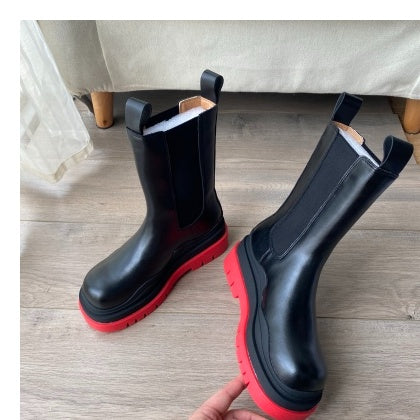 Mid-tube Chelsea Boots Women's Sleeve Stretch British Motorcycle Boots Thick-soled