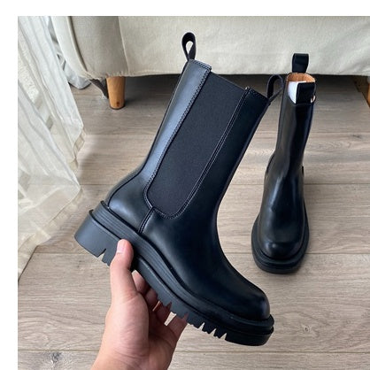 Mid-tube Chelsea Boots Women's Sleeve Stretch British Motorcycle Boots Thick-soled