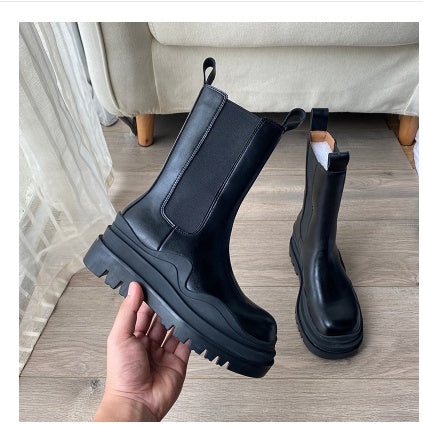 Mid-tube Chelsea Boots Women's Sleeve Stretch British Motorcycle Boots Thick-soled