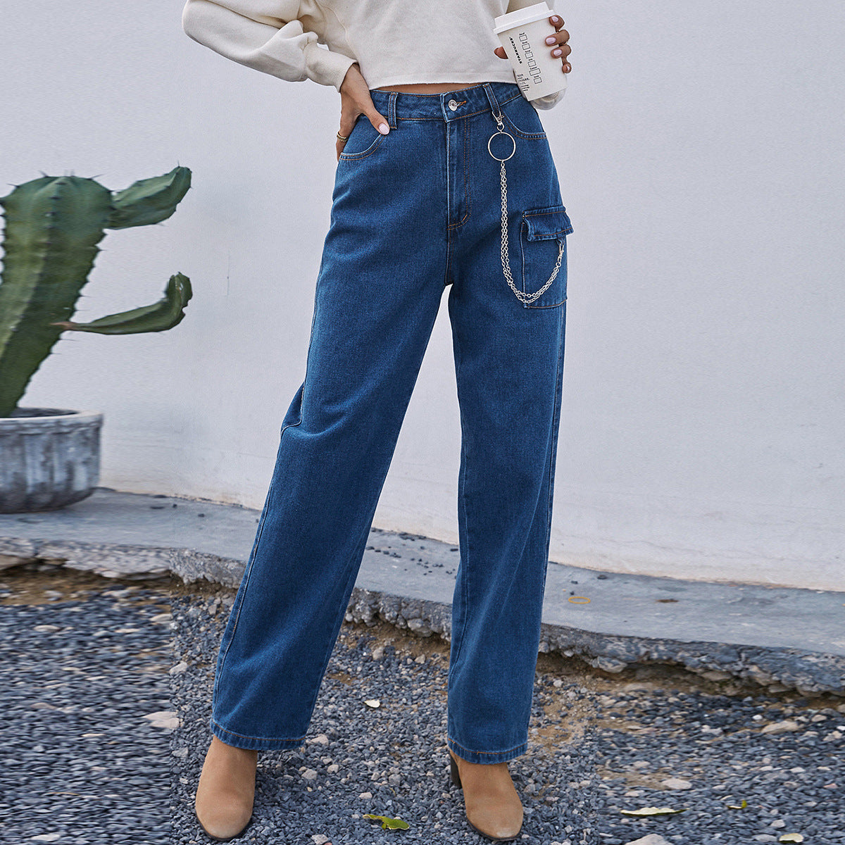 Spring New Amazon Cross-Border Women's European And American INS Fashion Pocket Chain Denim Straight Trousers