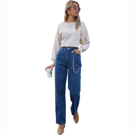 Spring New Amazon Cross-Border Women's European And American INS Fashion Pocket Chain Denim Straight Trousers