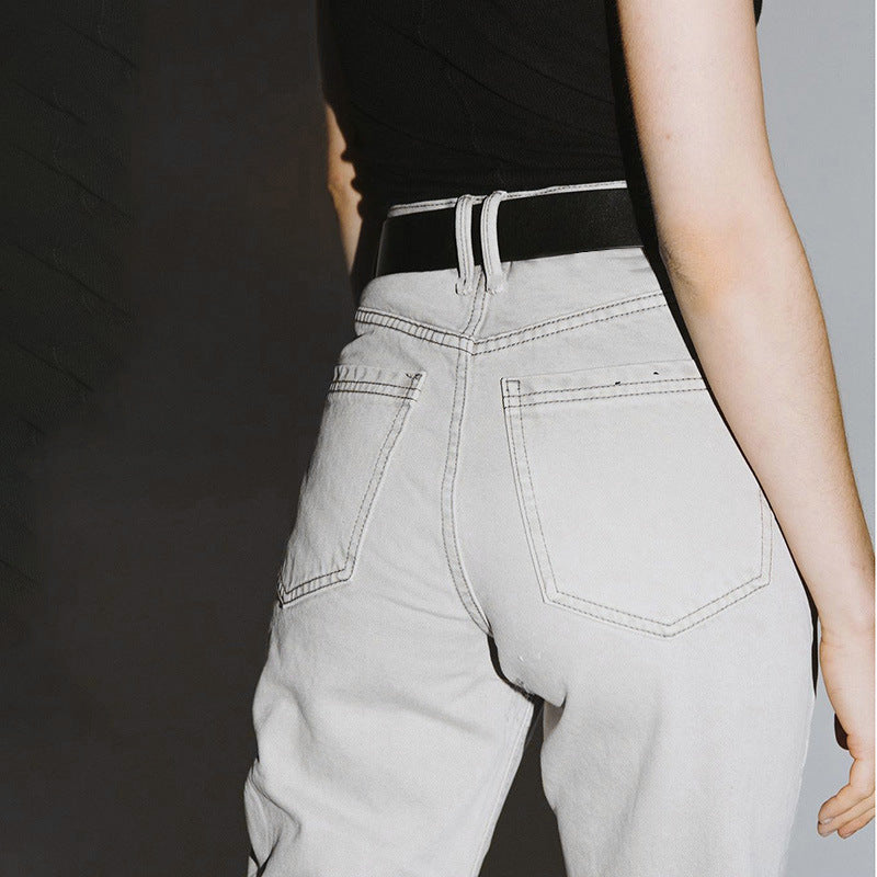 High-waisted Cotton Street Straight-leg Gray Casual Pants