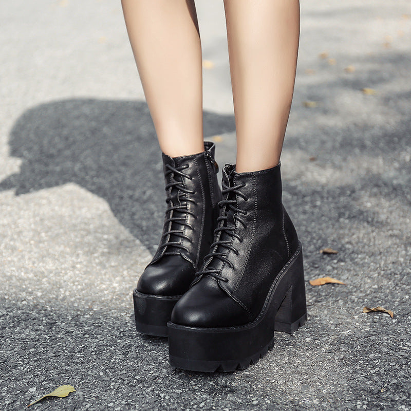 British High-Heeled Thick-Heeled Short Martin Boots