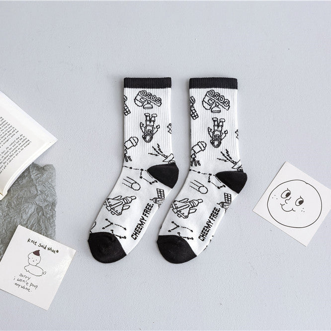 Black And White Cartoon Character Jacquard Cotton Socks
