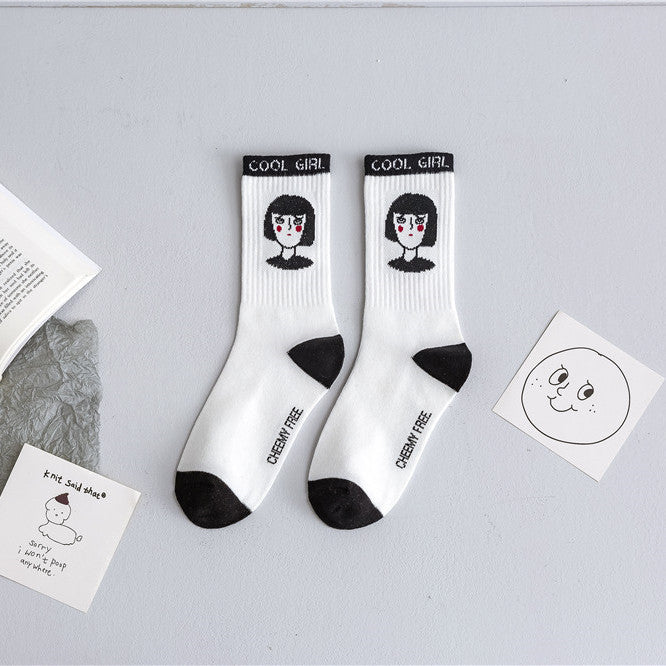 Black And White Cartoon Character Jacquard Cotton Socks