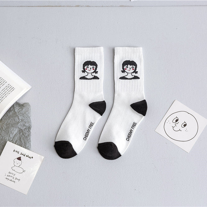 Black And White Cartoon Character Jacquard Cotton Socks