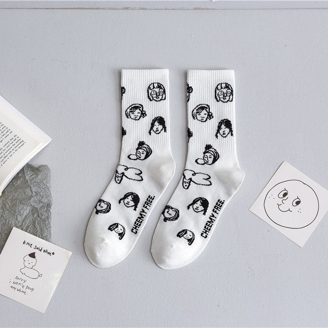 Black And White Cartoon Character Jacquard Cotton Socks