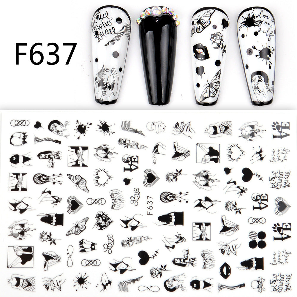 Black And White 3D Animal Love Letter Butterfly Strap Glue Nail Sticker