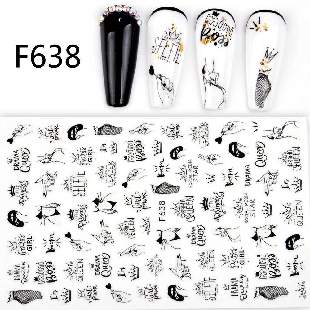 Black And White 3D Animal Love Letter Butterfly Strap Glue Nail Sticker