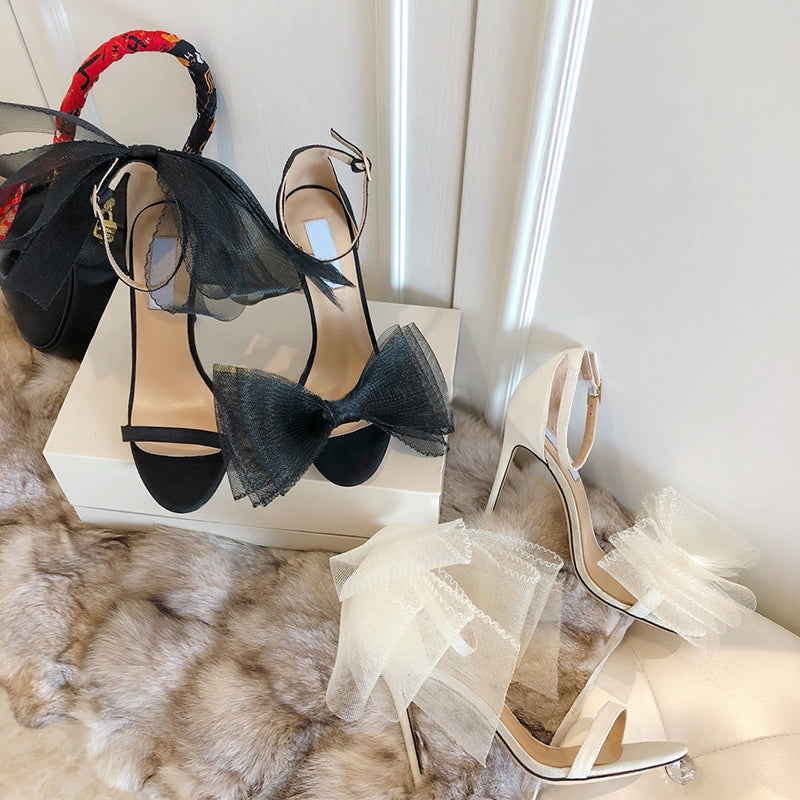 Open Toe Mesh Bow Hollow One-button Sandals