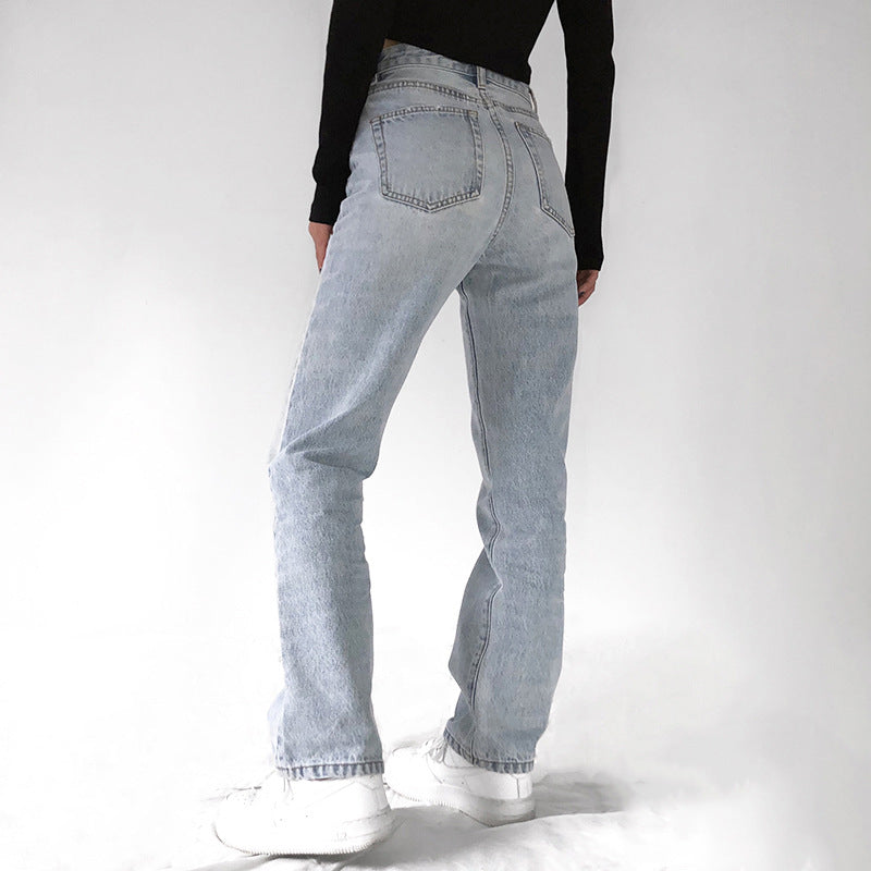 Washed And Worn High Waist Bag Buttocks Are Thin Straight Denim Trousers