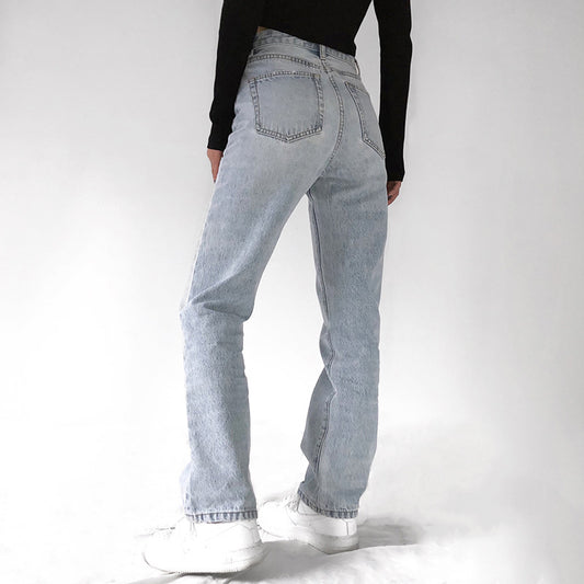 Washed And Worn High Waist Bag Buttocks Are Thin Straight Denim Trousers
