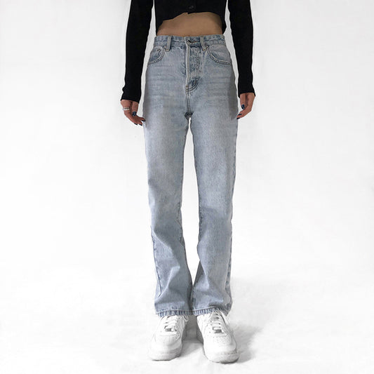 Washed And Worn High Waist Bag Buttocks Are Thin Straight Denim Trousers