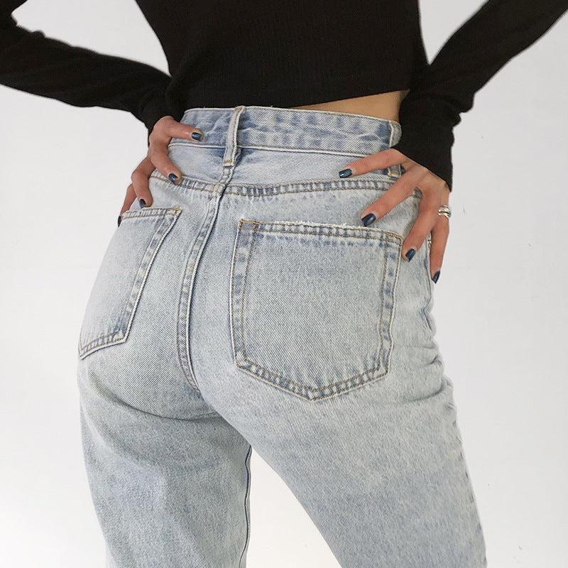 Washed And Worn High Waist Bag Buttocks Are Thin Straight Denim Trousers