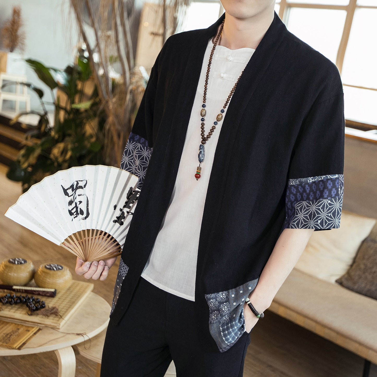 Men's cotton linen cardigan jacket cloak shirt