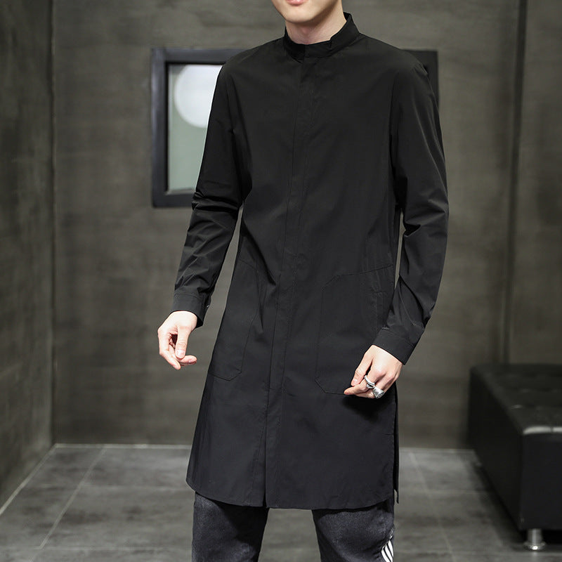 Retro Fashion Solid Color Casual Stand Collar Mid Length Windbreaker Jacket Men's Jacket