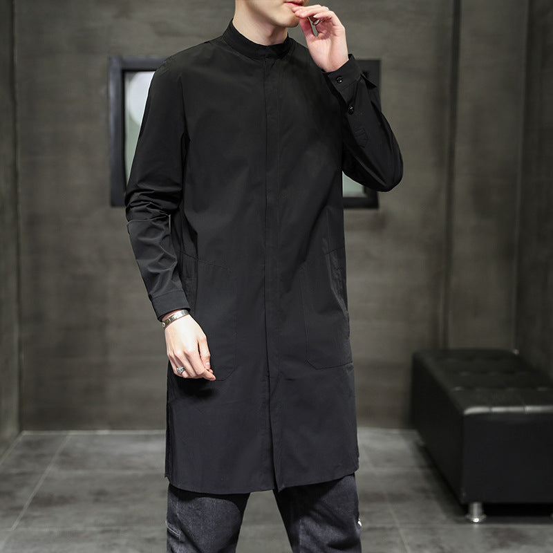 Retro Fashion Solid Color Casual Stand Collar Mid Length Windbreaker Jacket Men's Jacket