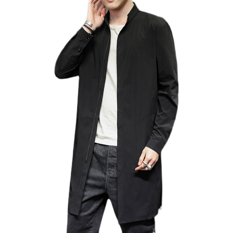 Retro Fashion Solid Color Casual Stand Collar Mid Length Windbreaker Jacket Men's Jacket