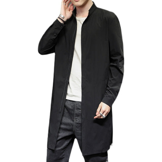 Retro Fashion Solid Color Casual Stand Collar Mid Length Windbreaker Jacket Men's Jacket