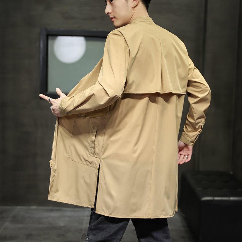 Retro Fashion Solid Color Casual Stand Collar Mid Length Windbreaker Jacket Men's Jacket