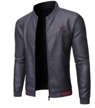 Stand Collar Men's Washable Leather Clothes Slim Casual Zipper Cardigan Top