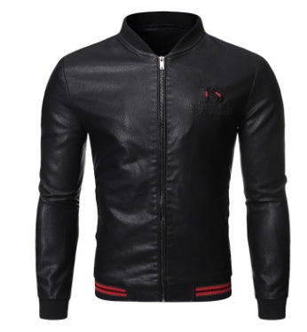 Stand Collar Men's Washable Leather Clothes Slim Casual Zipper Cardigan Top