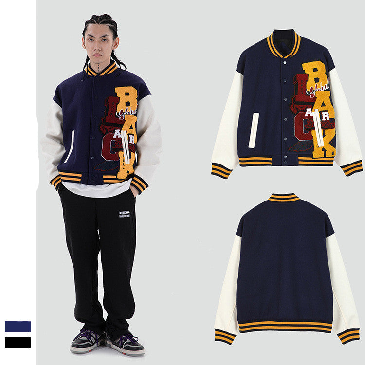 Meichao Campus Tynd Vinterjakke Retro Bogstavbroderet Baseballuniform til Mænd
