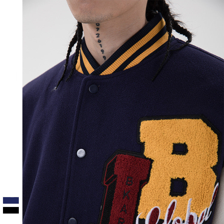 Meichao Campus Tynd Vinterjakke Retro Bogstavbroderet Baseballuniform til Mænd