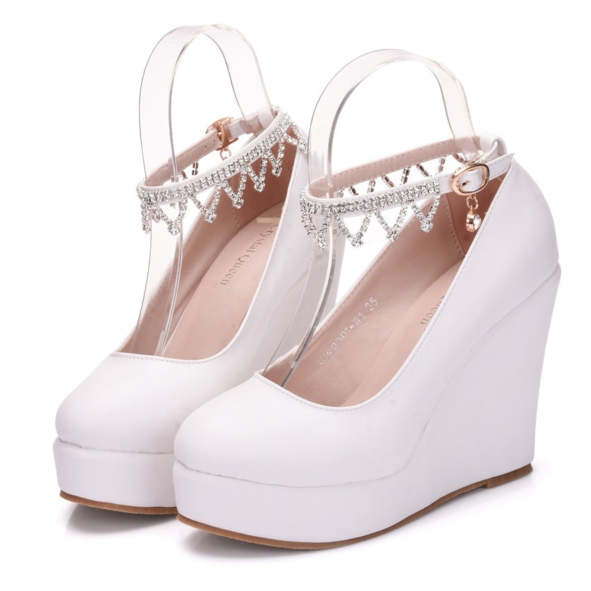 One Word Buckle Wedge Shoes With Rhinestone Wrist Strap Waterproof Platform Round Toe Shoes