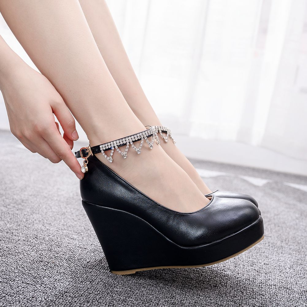 One Word Buckle Wedge Shoes With Rhinestone Wrist Strap Waterproof Platform Round Toe Shoes