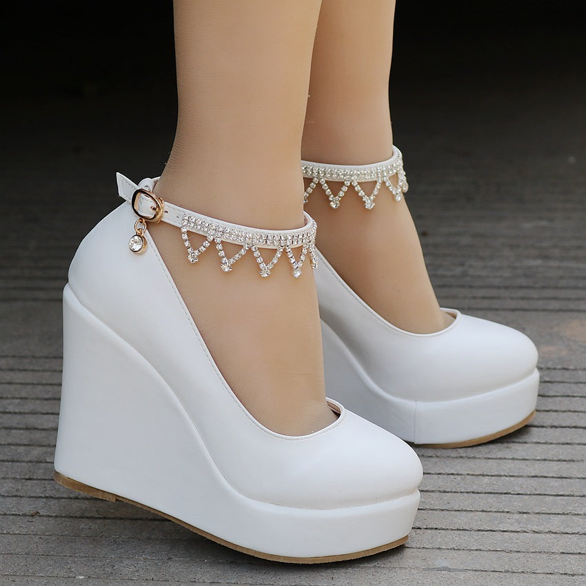 One Word Buckle Wedge Shoes With Rhinestone Wrist Strap Waterproof Platform Round Toe Shoes