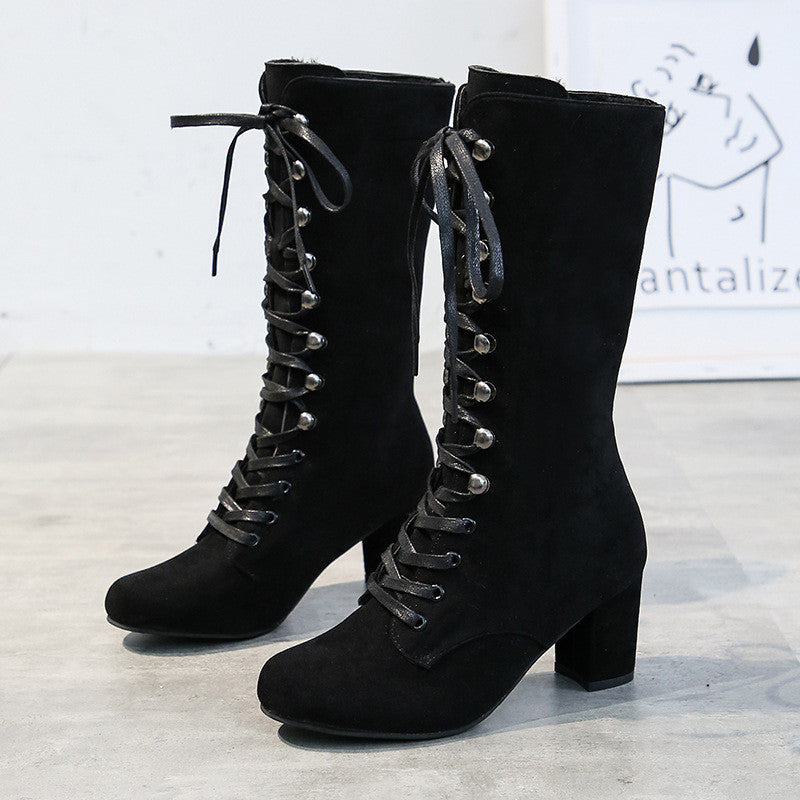 European and American High-tube Suede Thick Heel Lace-up Women's Boots